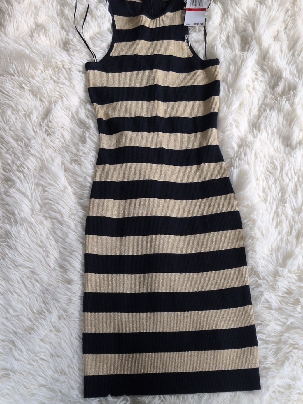 Michael Kors Navy blue and Shimmery Gold old,  Striped Ribbed Midi Dress- NWT
